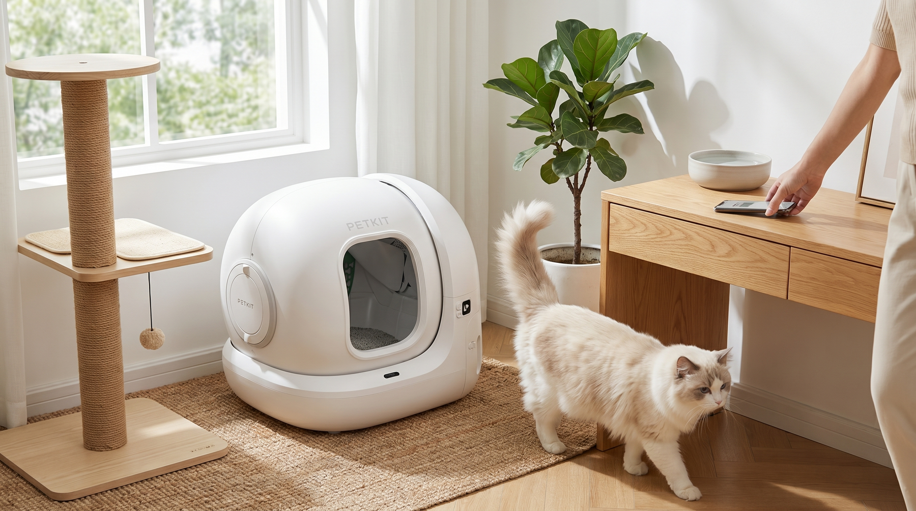 Katze in sauberem Zuhause mit moderner automatischer Katzentoilette