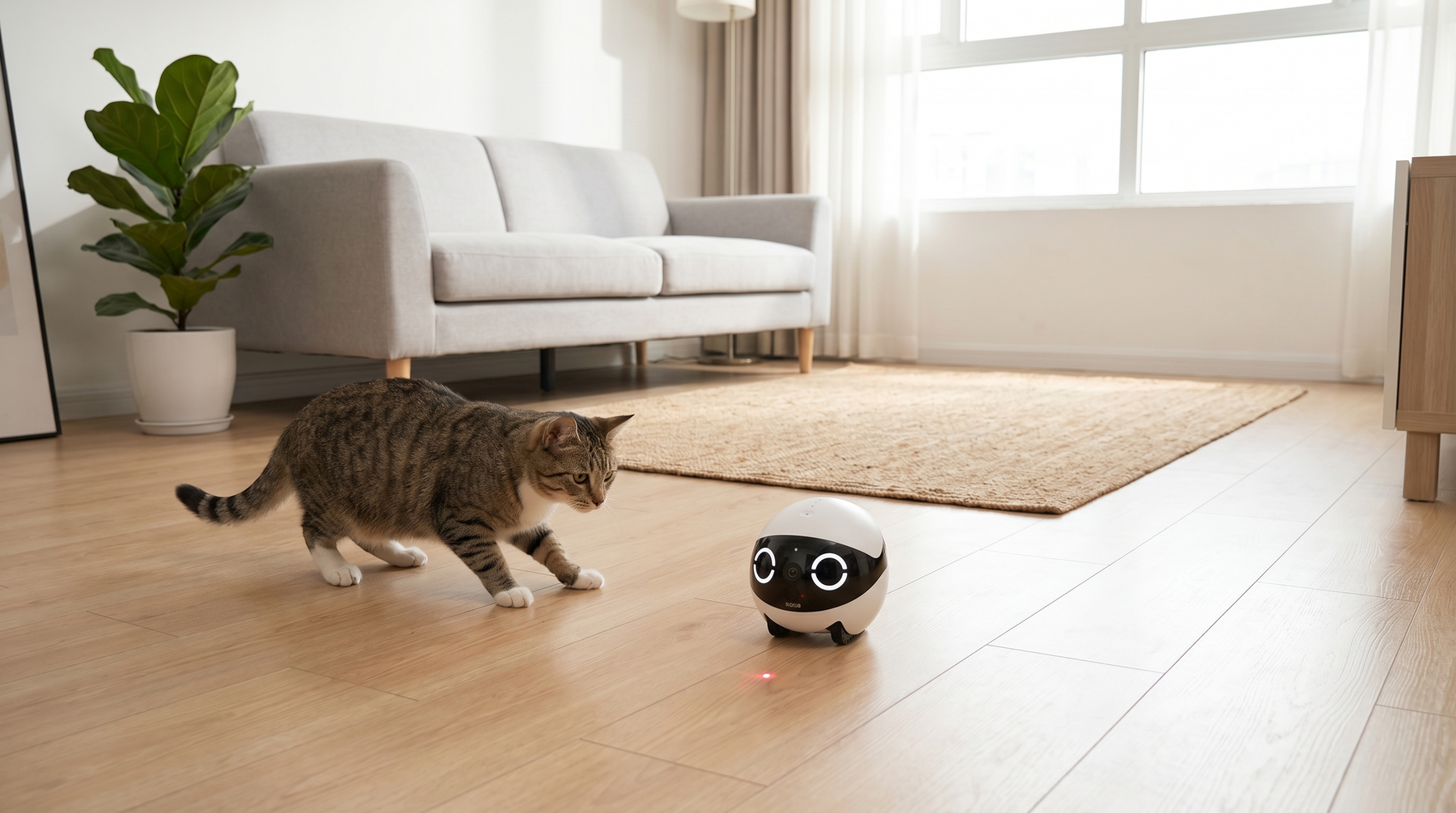 Katze spielt mit interaktivem Haustierroboter im modernen Wohnraum